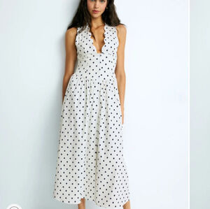 WeWoreWhat White Black Polka Dot Midi Dress SMALL Scalloped Linen Designer $168